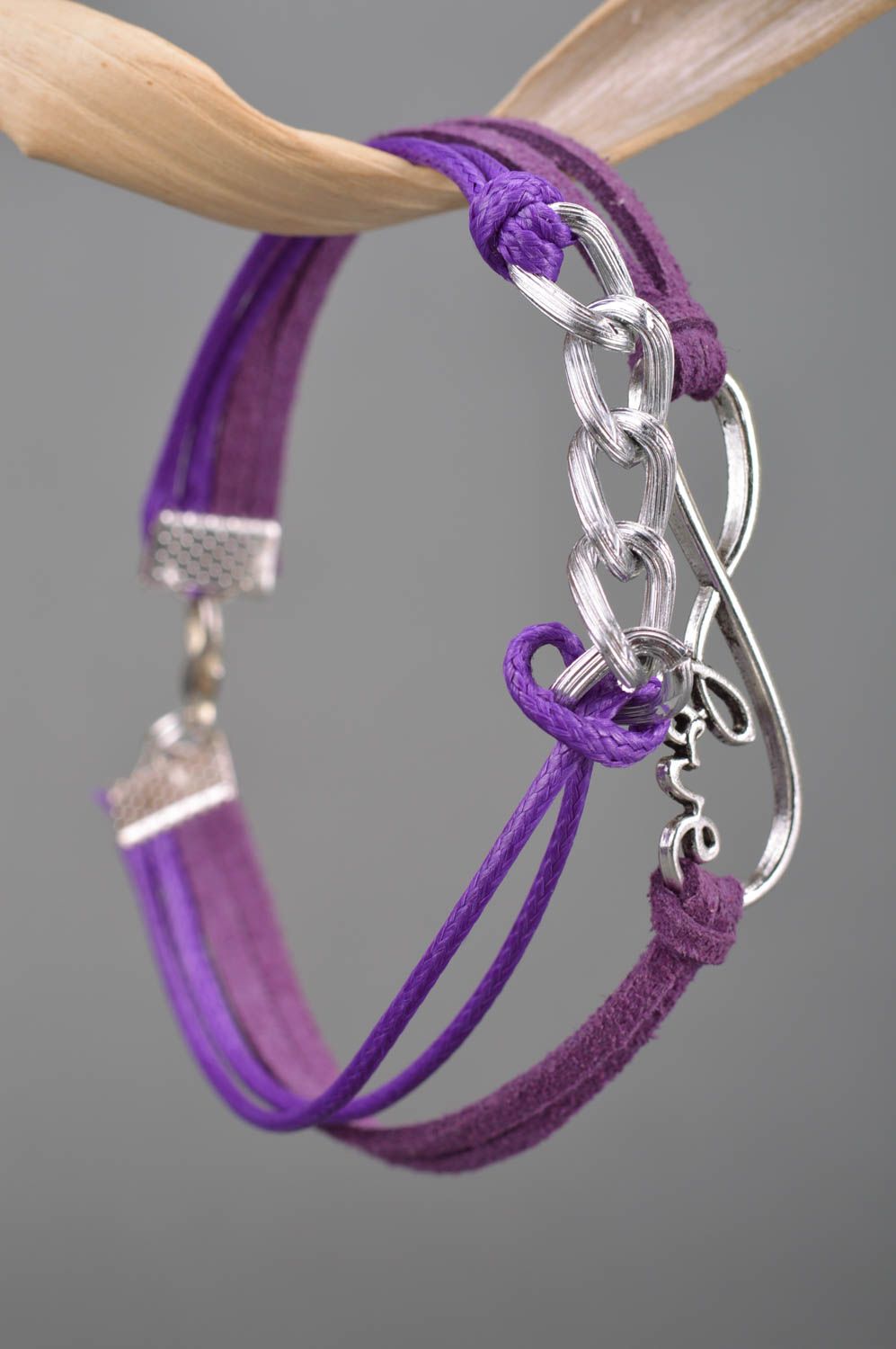 Handmade multi row laconic suede cord wrist bracelet with metal insert violet photo 3
