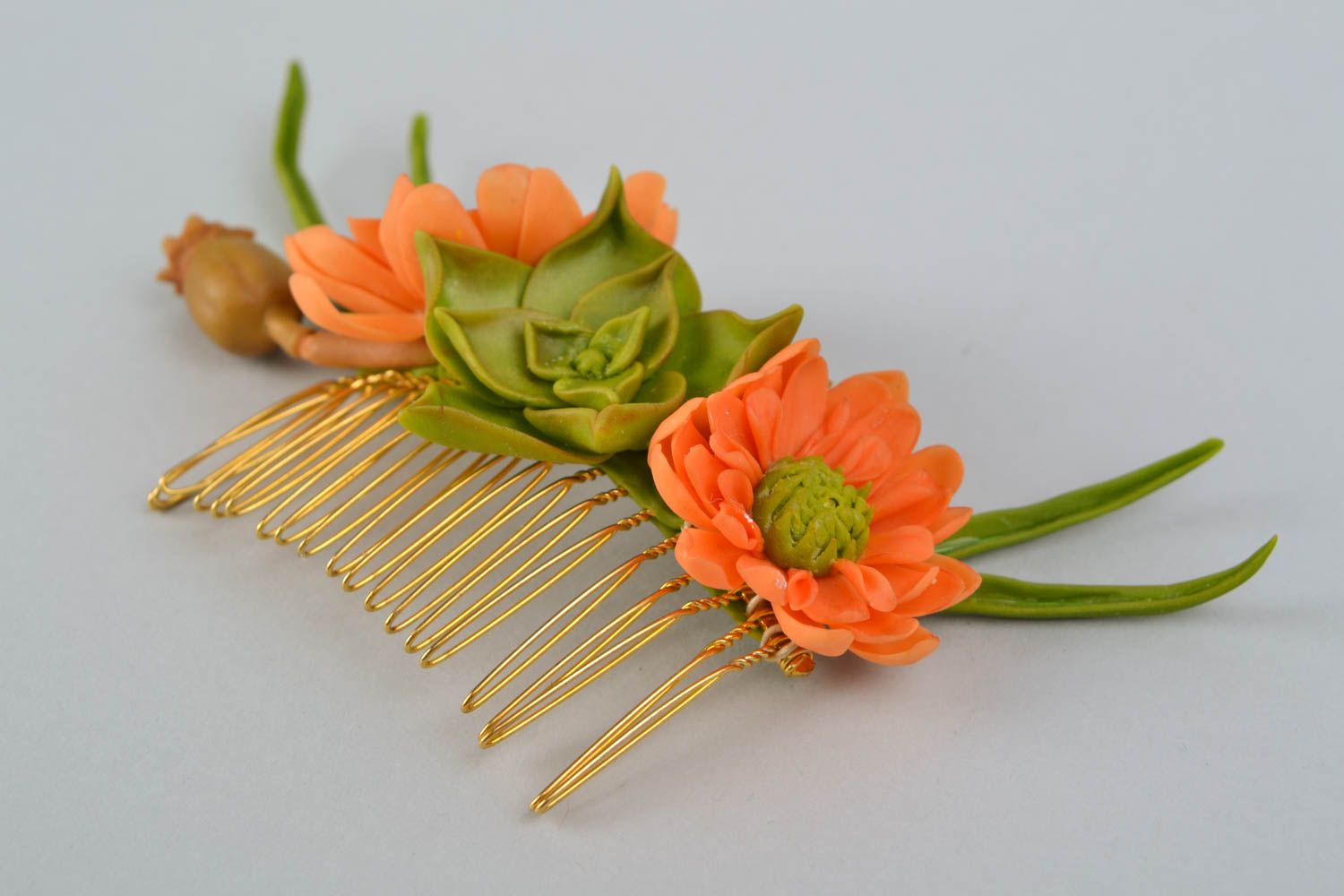 Joli peigne à cheveux fleurs en argile autodurcissante Bouquet orange fait main photo 3