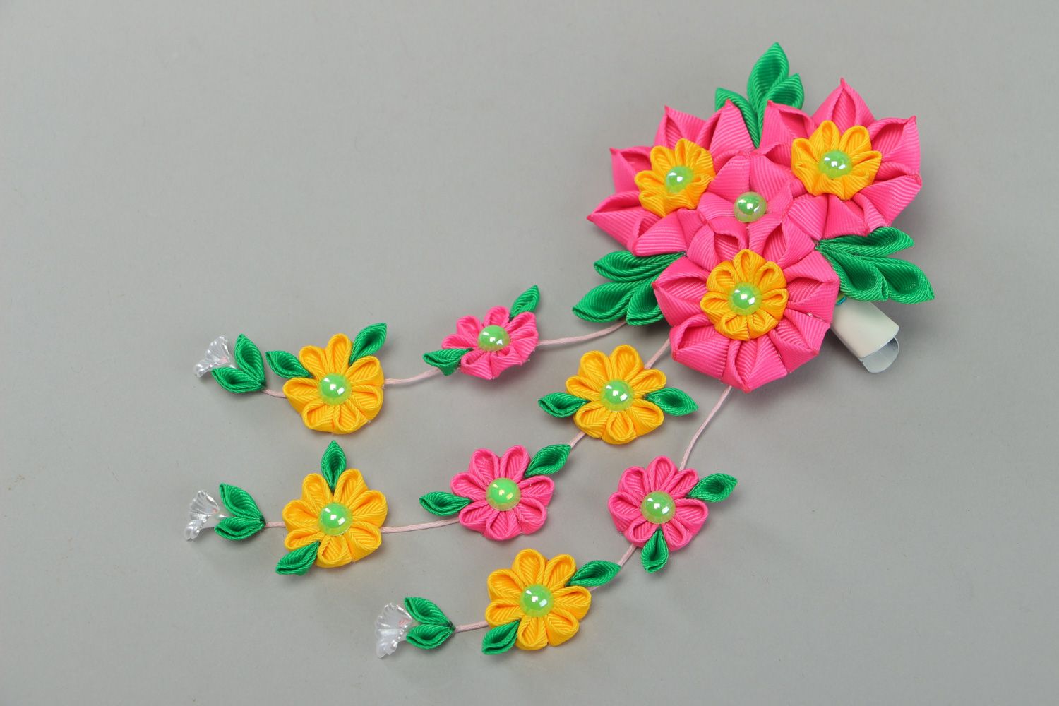 Bright colorful handmade hair clip with large ribbon flower and charms photo 1