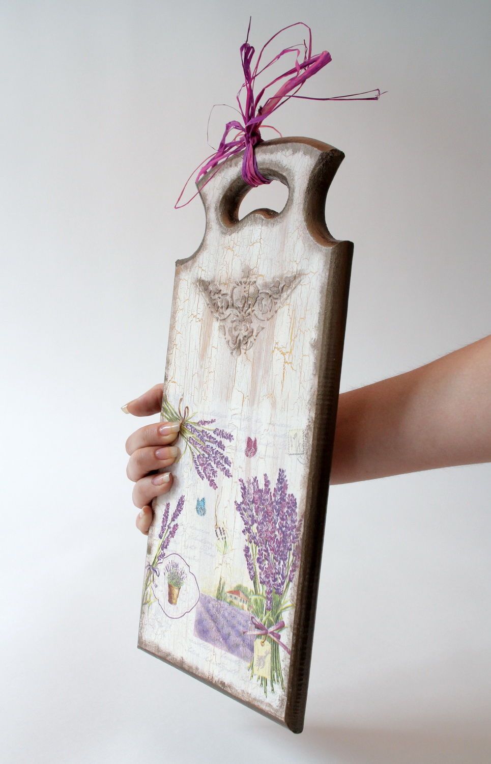 Tagliere di legno fatto a mano utensili da cucina con decoupage campo fiori foto 4