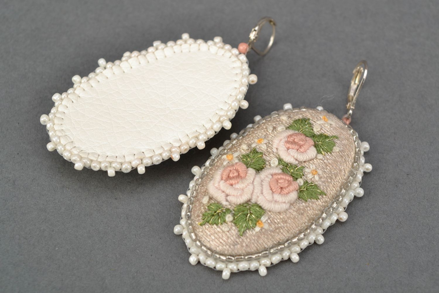 Satin stitch embroidered earrings with beads Light Roses photo 3