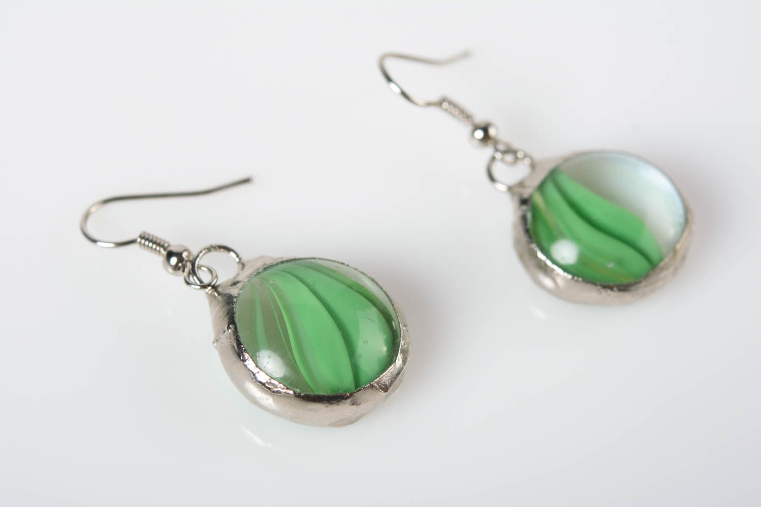 Handmade small round metal and glass dangling earrings green designer photo 1