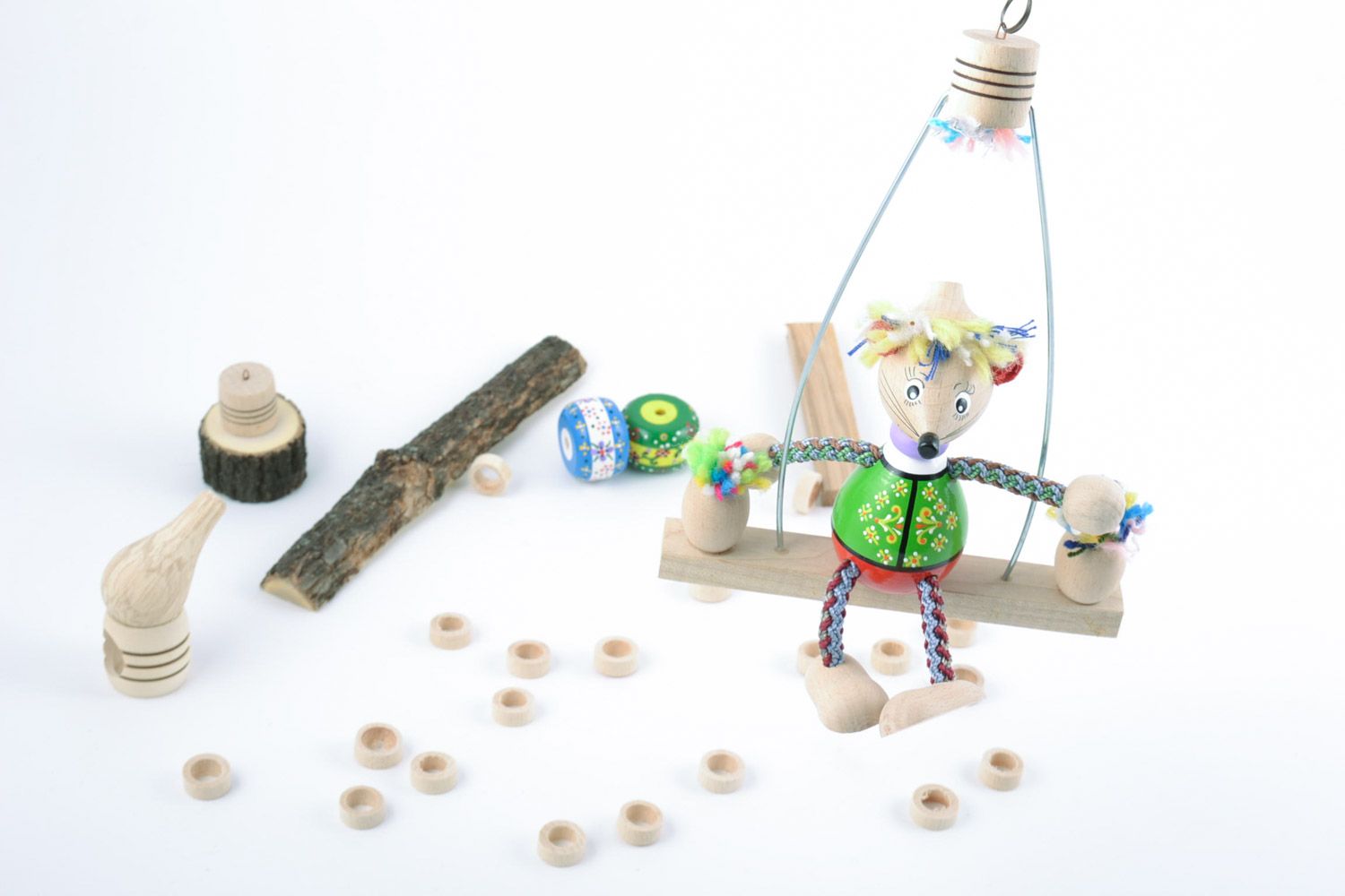 Eco friendly handmade wooden toy mouse on swing with bright painting present for child photo 2