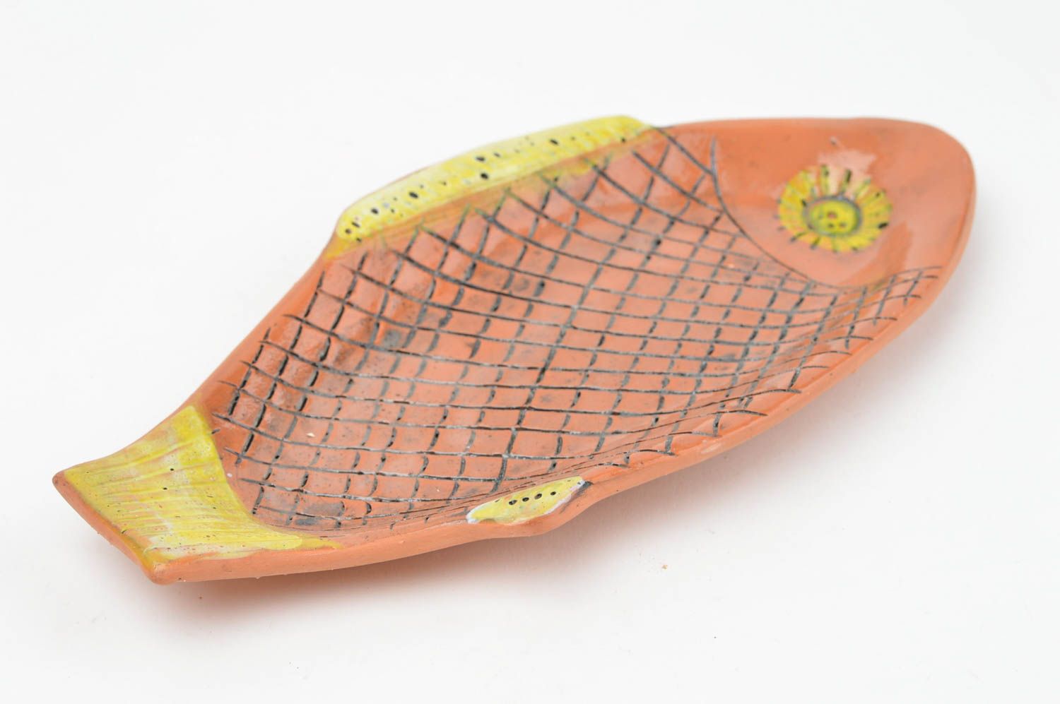 Assiette en forme de poisson décorative brune peinte originale faite main  photo 3