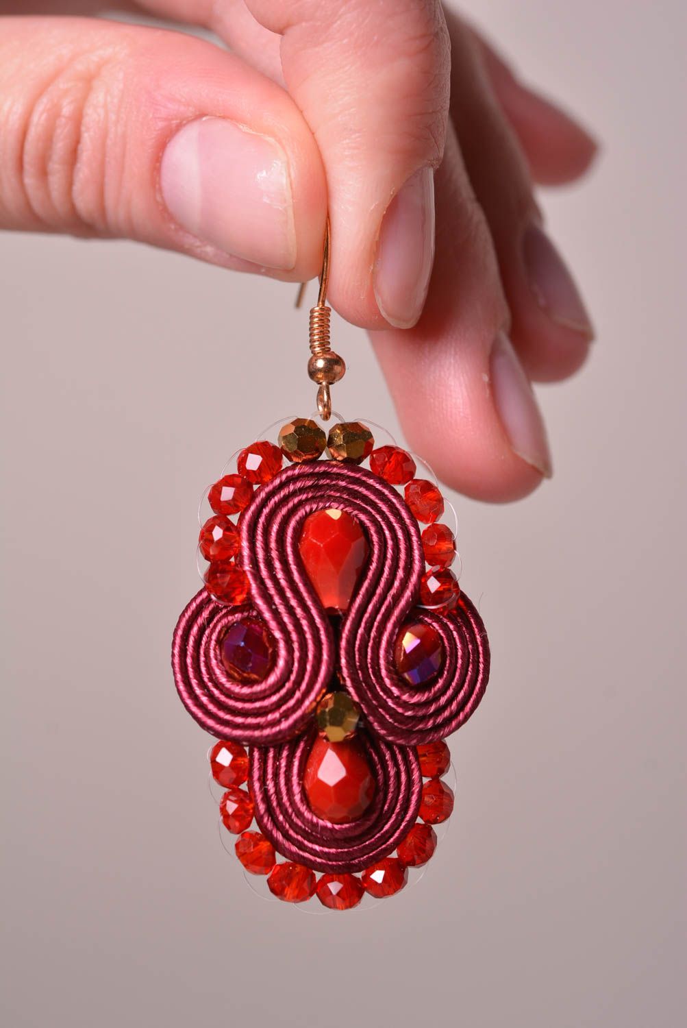 Handmade red jewelry soutache earrings big earrings beaded earrings women gift  photo 2