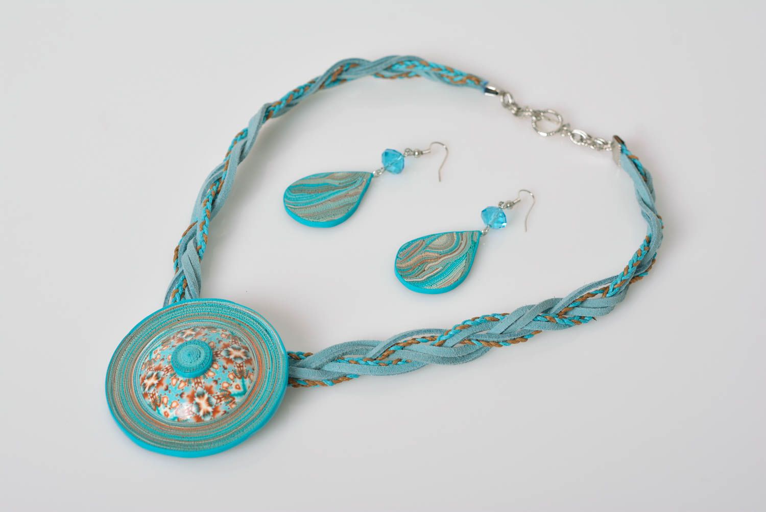 Set of handmade turquoise polymer clay jewelry 2 items necklace and earrings photo 1