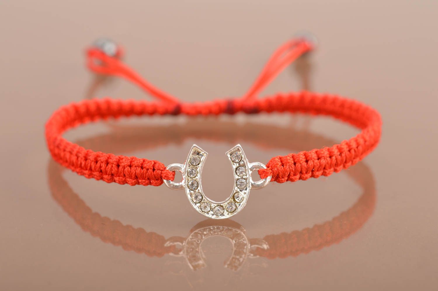 Red silk thread bracelet with horseshoe thin braided handmade accessory photo 7