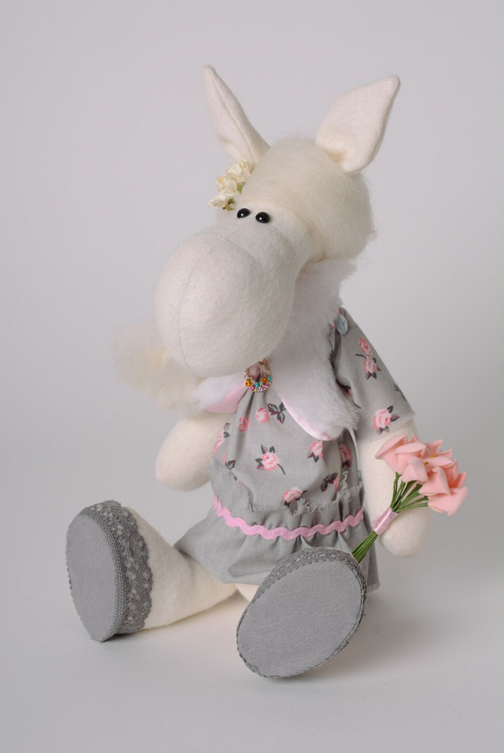 Funny handmade white fabric soft toy horse of small size photo 3