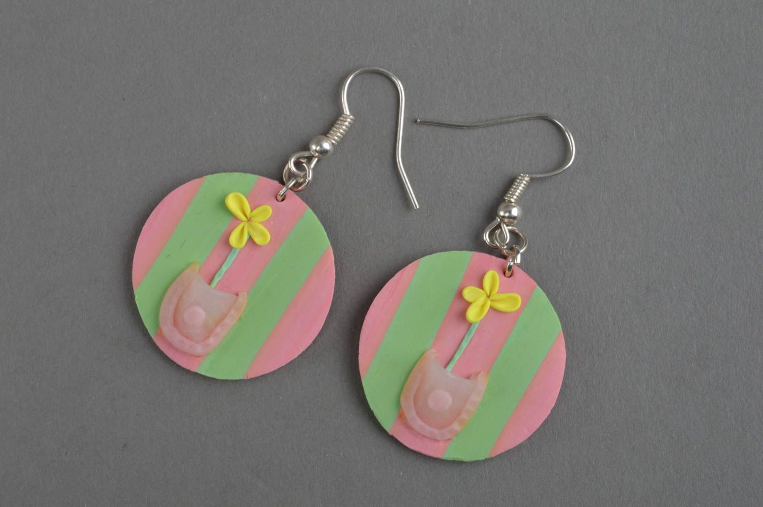 Colorful handmade round plastic earrings designer jewelry polymer clay ideas photo 2