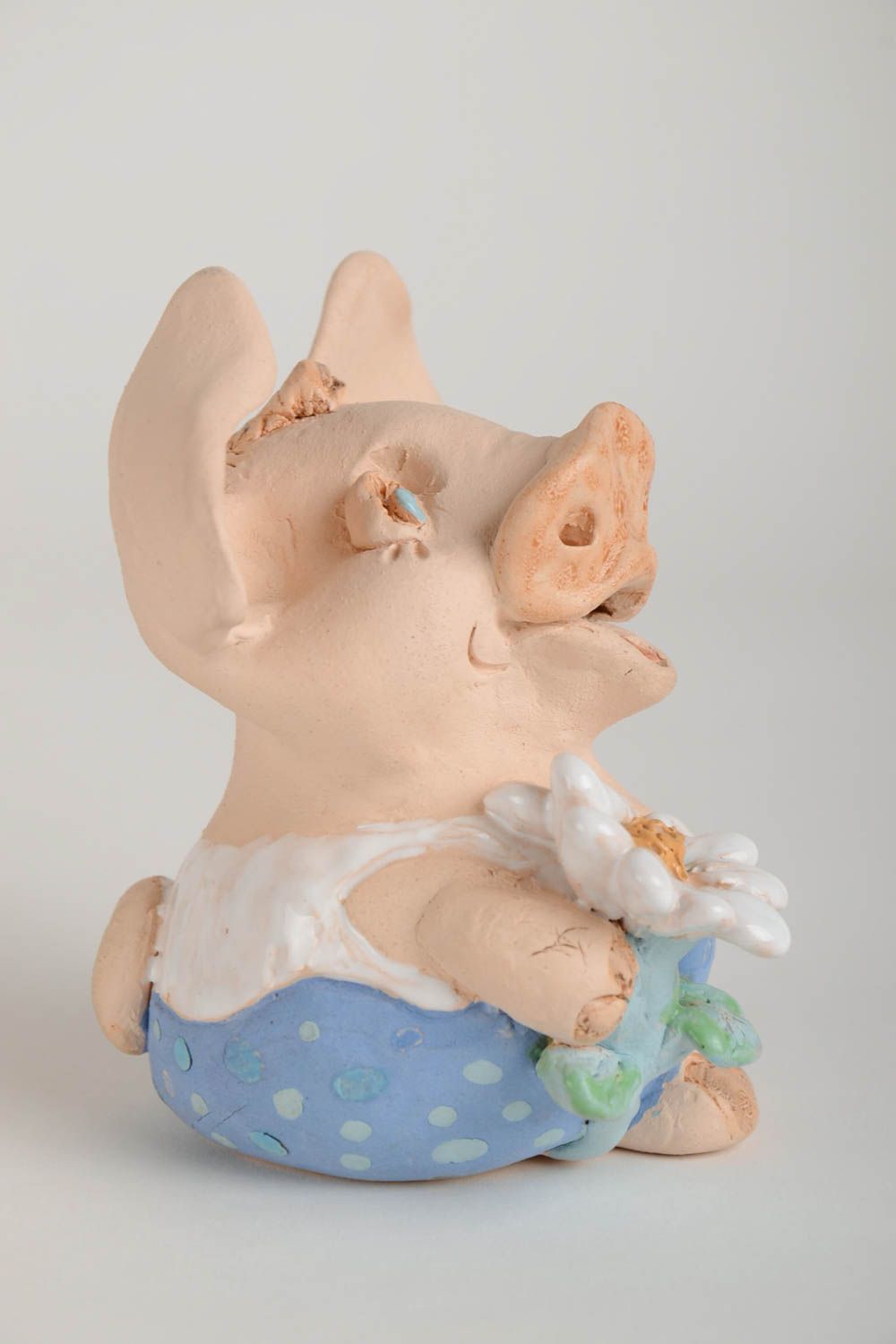 Small handmade collectible clay statuette painted with enamels Pig photo 3