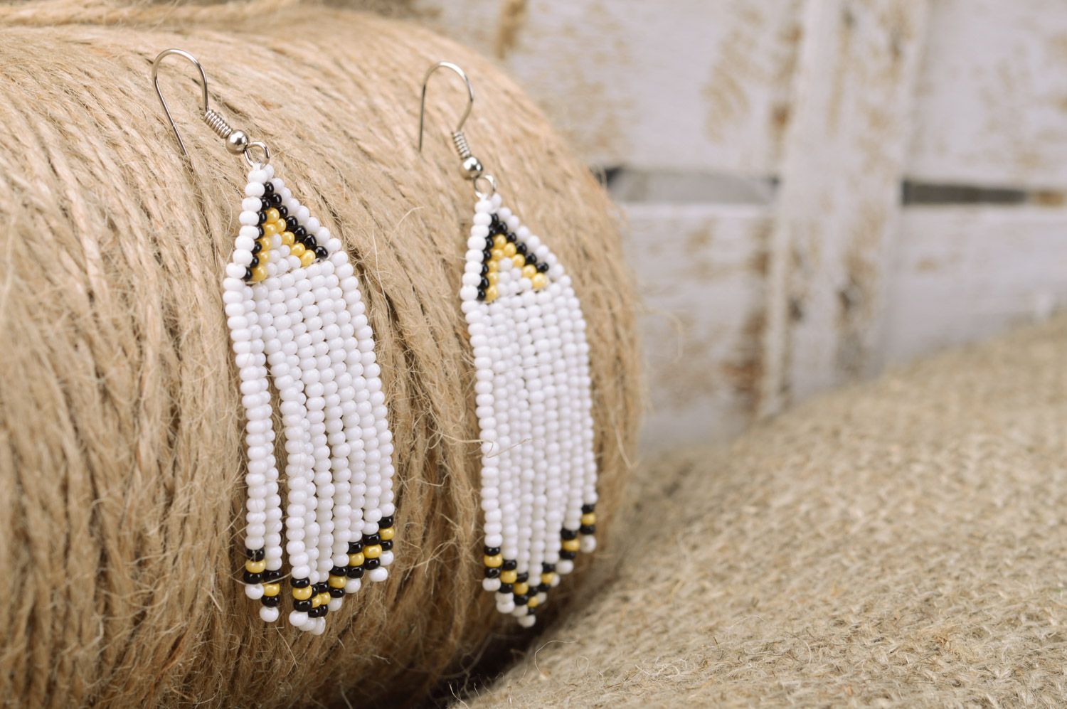 Unusual stylish beautiful handmade beaded earrings with fringe White photo 1