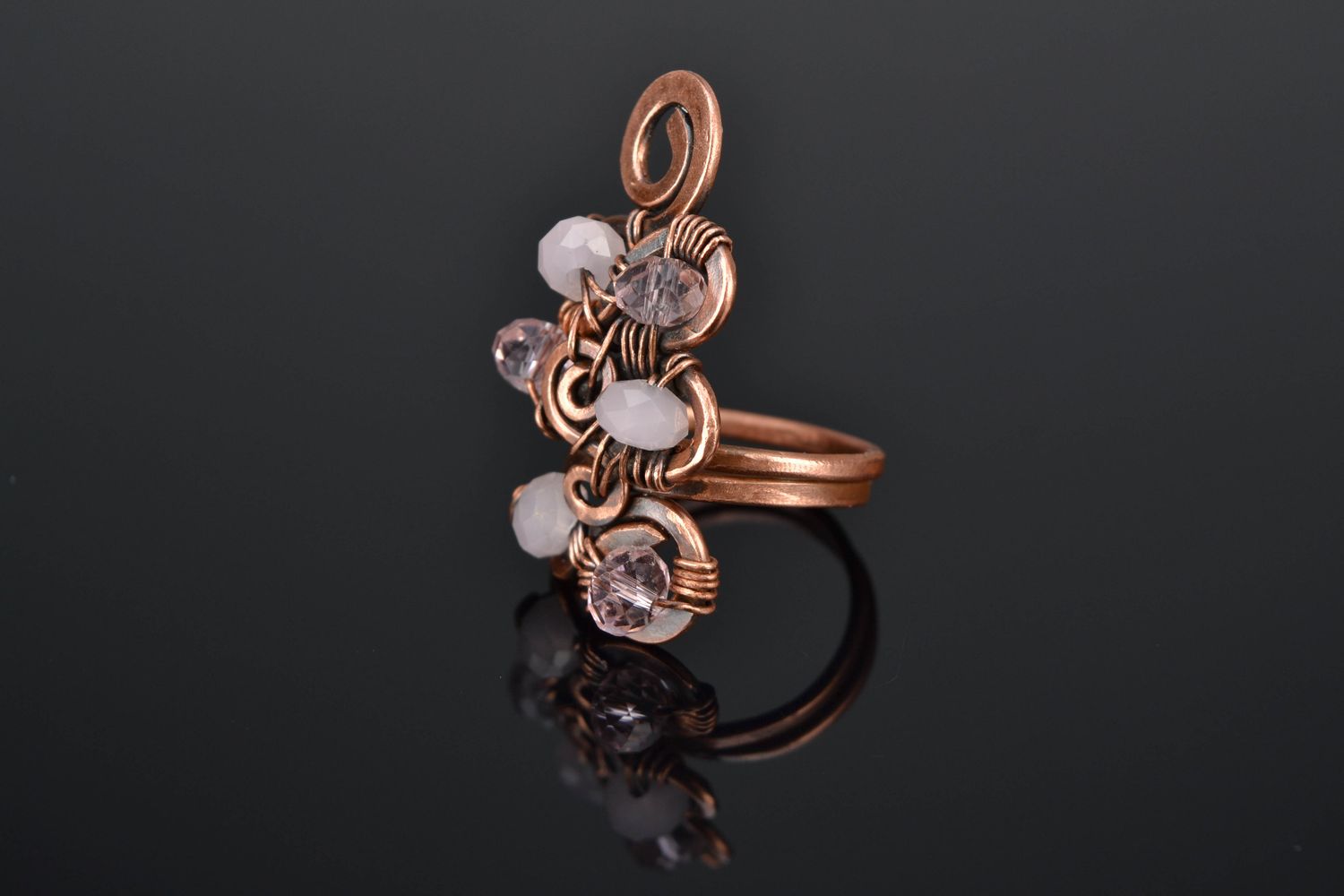 Wire wrap copper ring with crystal beads photo 1