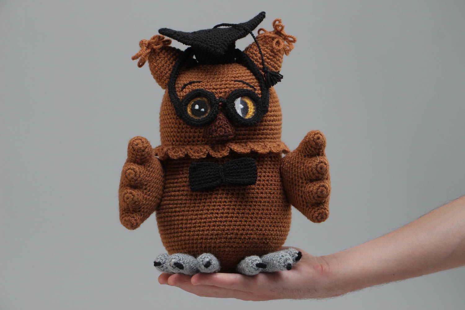 Handmade brown soft toy crocheted of acrylic threads Wise Owl photo 5