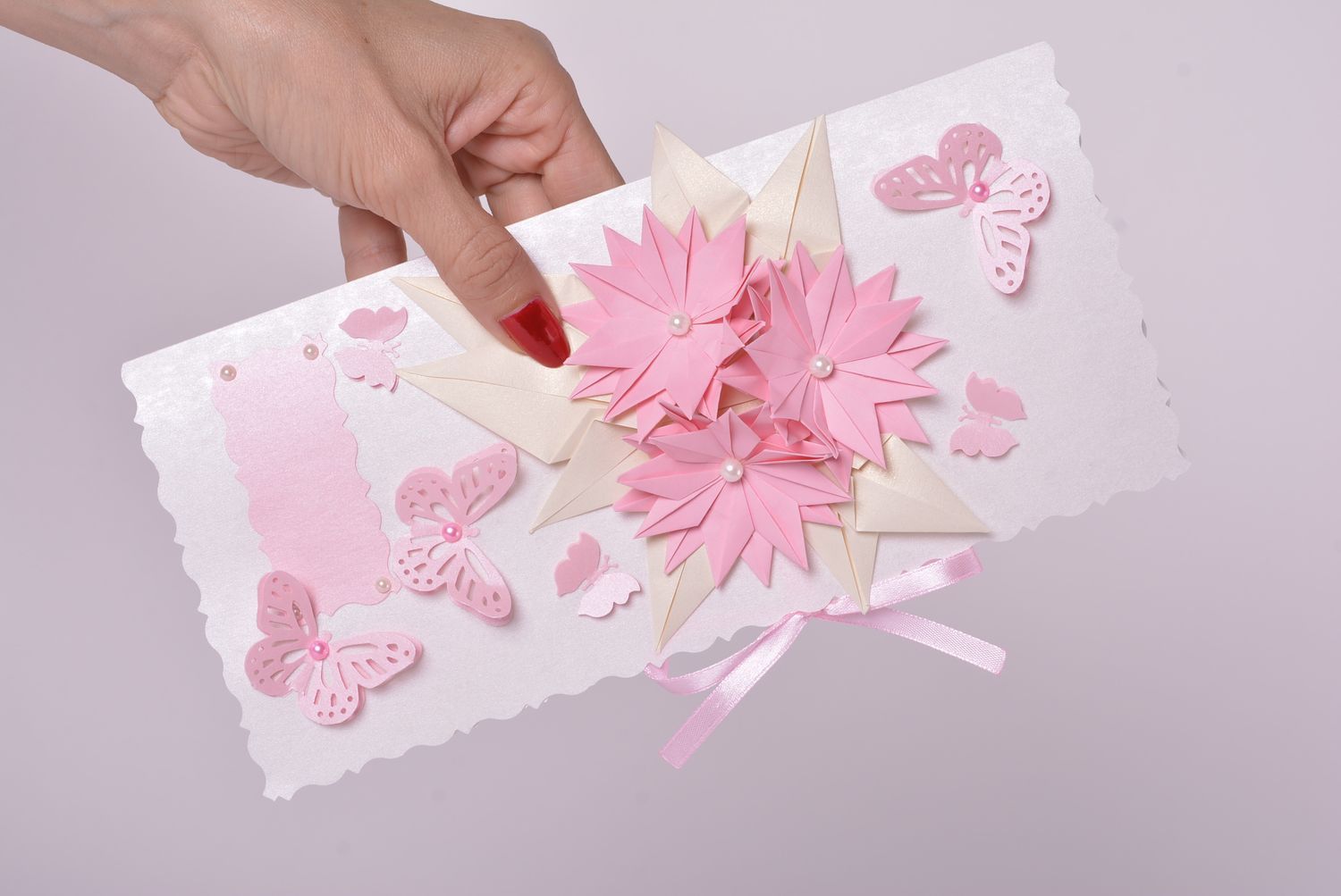 Carte de voeux fait main rose blanc en carton design délicat Cadeau original photo 4