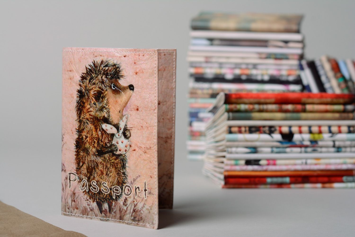 Homemade artificial leather passport cover with print Hedgehog photo 1
