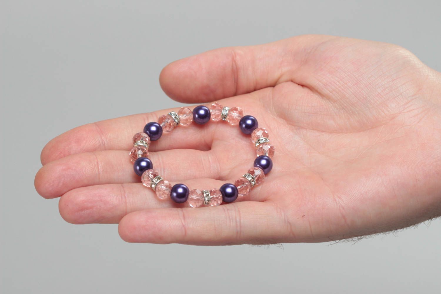 Handmade children's pink wrist bracelet with crystal and ceramic beads photo 5