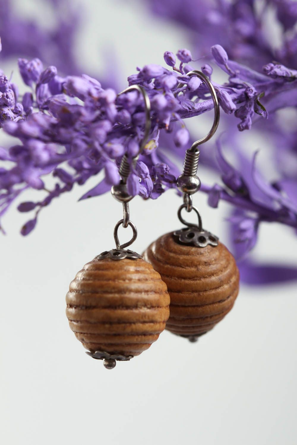 Unusual handmade wooden ball earrings wood craft costume jewelry designs photo 1