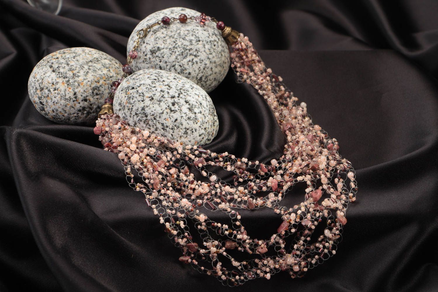 Female designer necklace woven handmade accessory jewelry made of natural stones photo 1