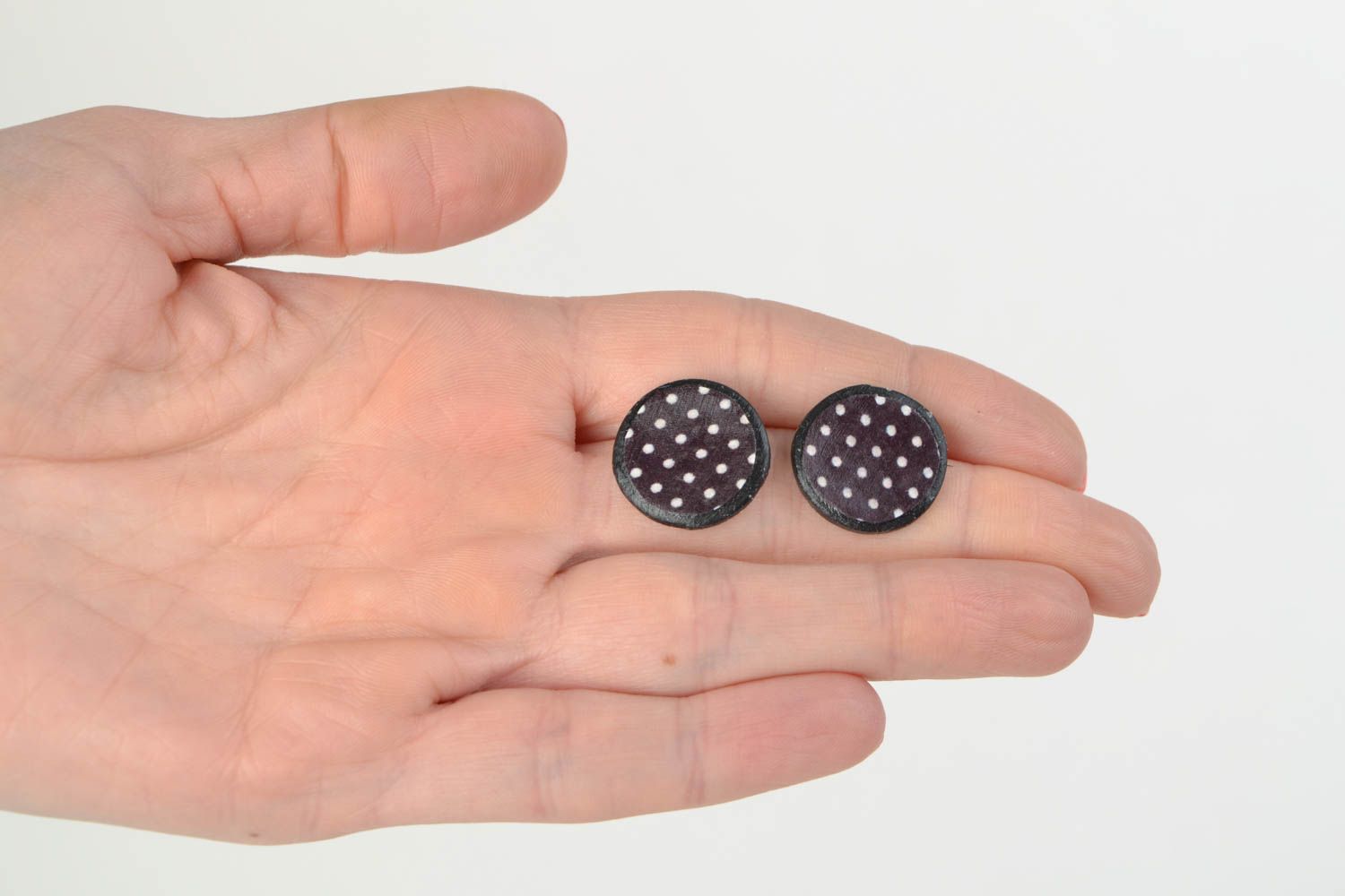 Stylish handmade polymer clay stud earrings of brown color with white polka dot pattern photo 2
