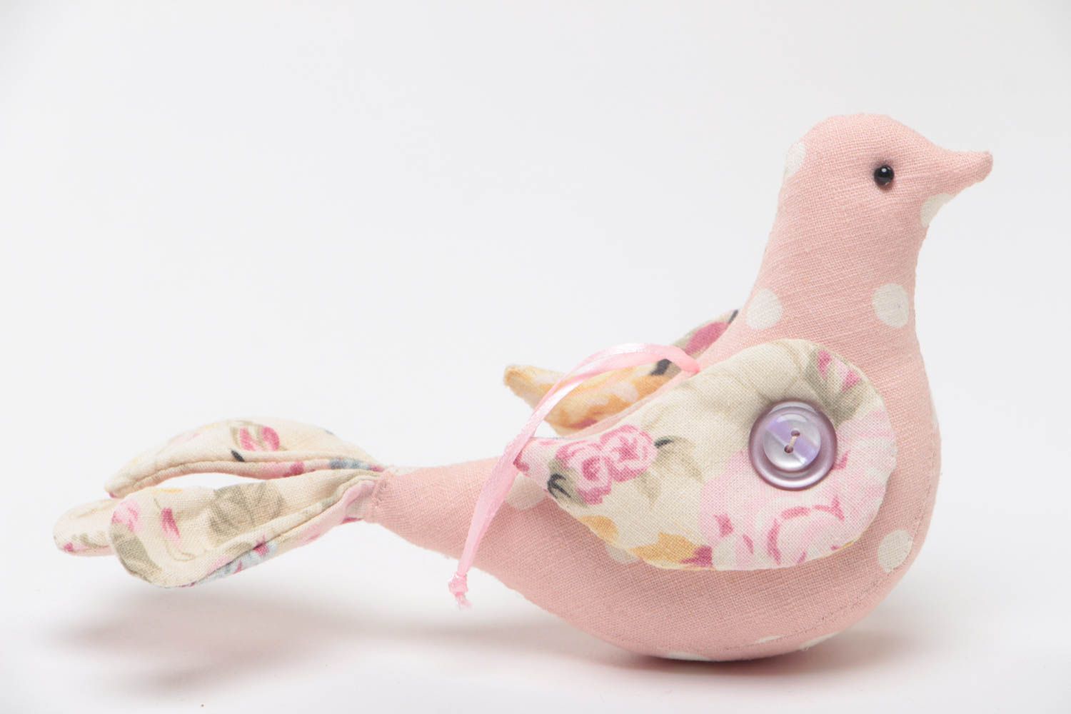 Handmade small fabric toy with eyelet tender pink bird for interior decoration photo 2