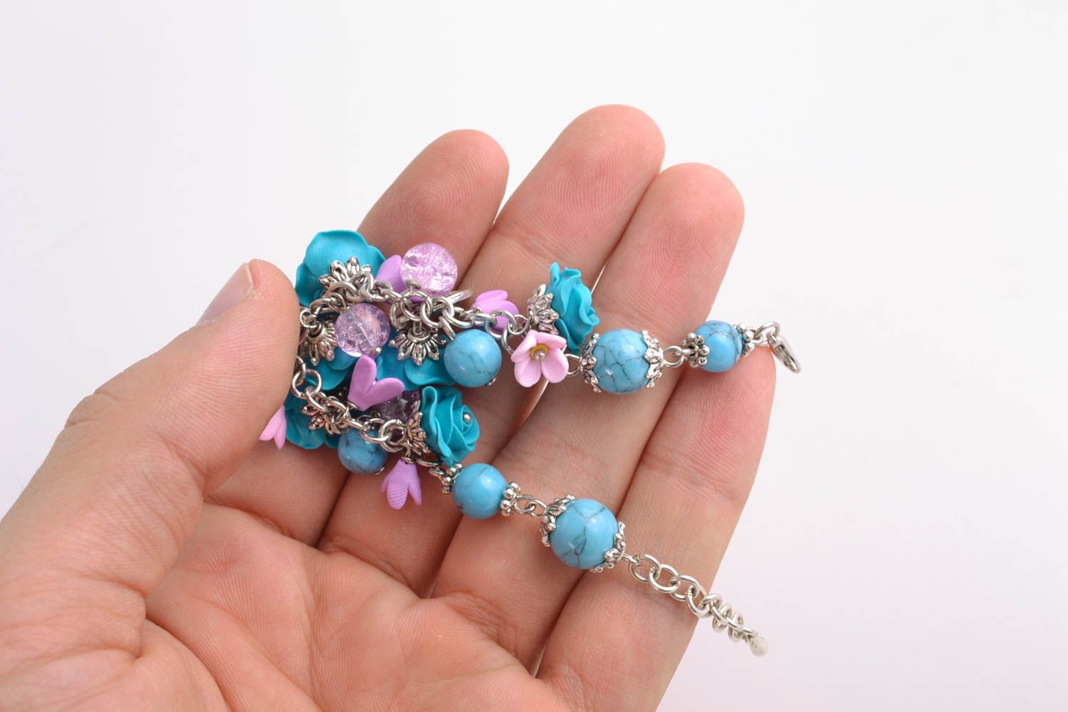Bracelet fait main de pâte polymère avec fleurs bleues bijou pour femme photo 2
