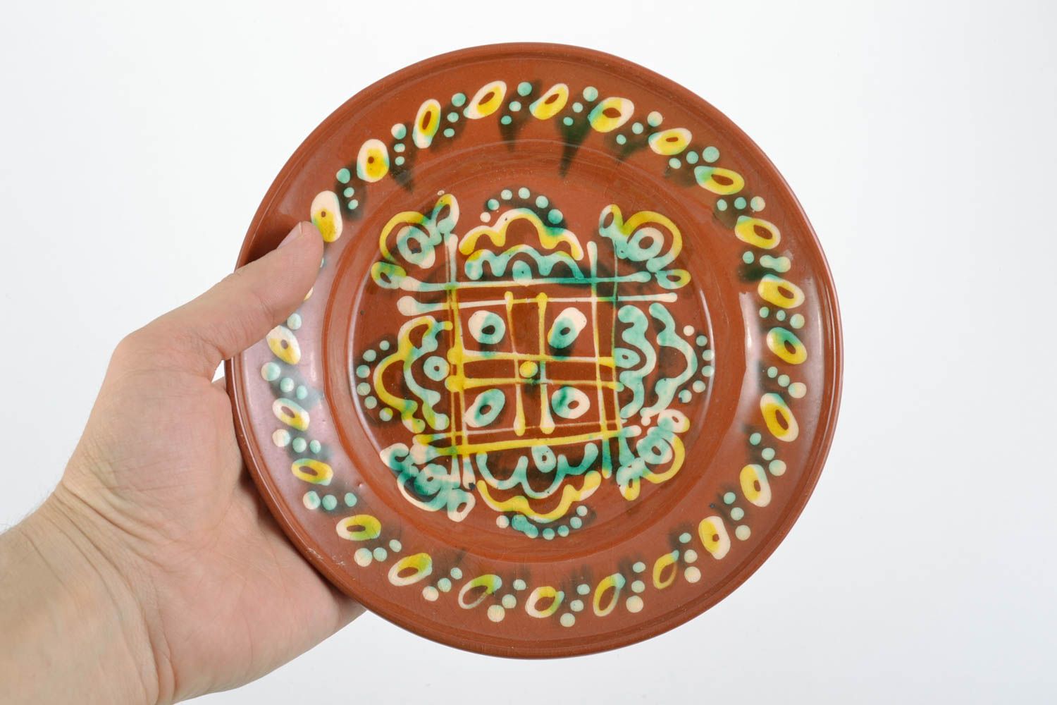 Handmade dekorativer Wandteller aus Ton rund mit Glasur bemalt schön Ethno Stil foto 2