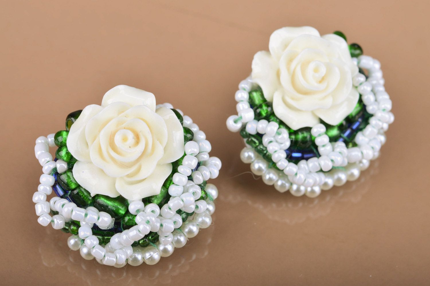 Handmade festive large white and green beaded stud earrings with roses photo 2