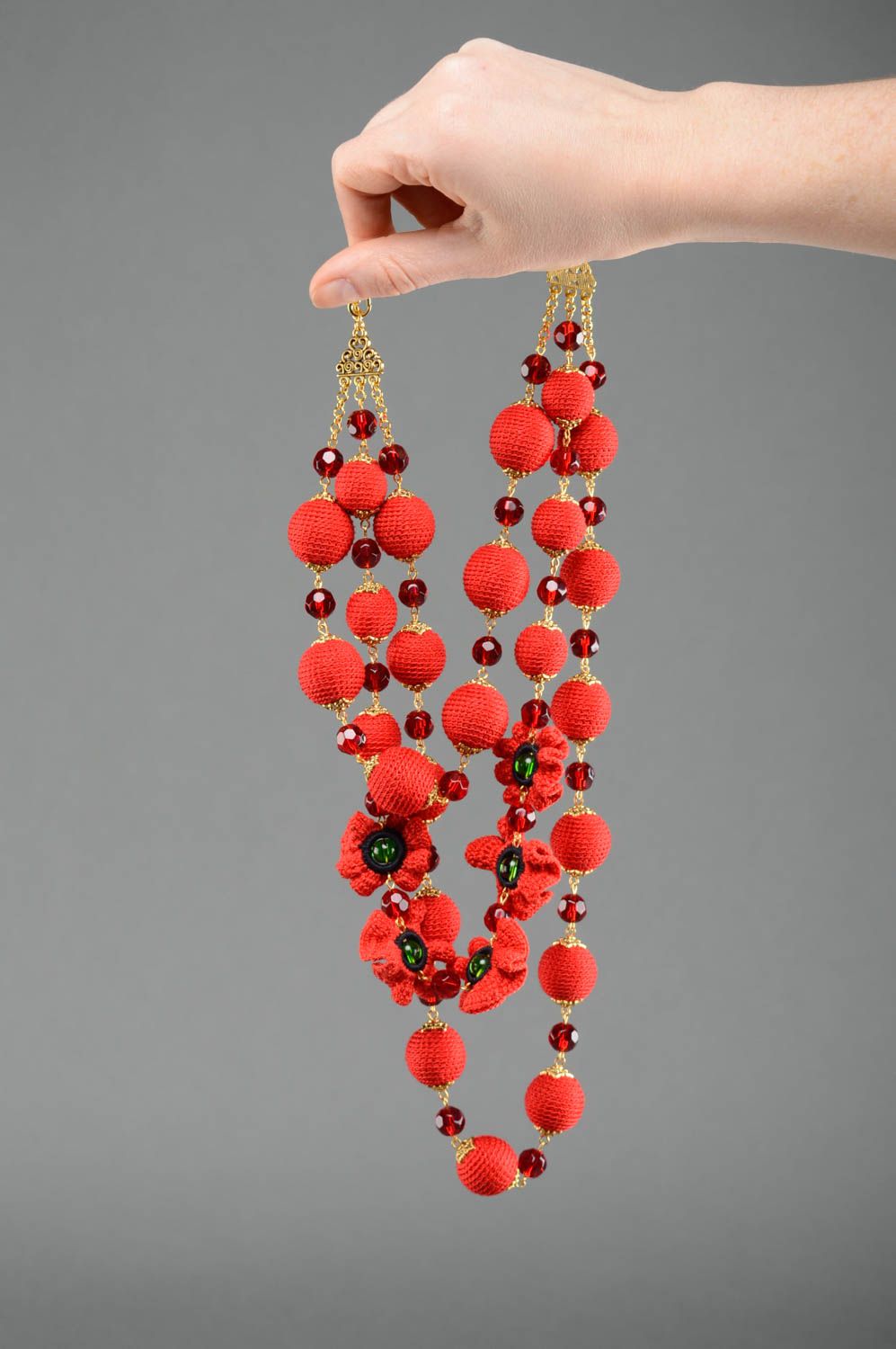 Collier tricoté au crochet multirang rouge fait main fleurs pavots cadeau femme photo 3