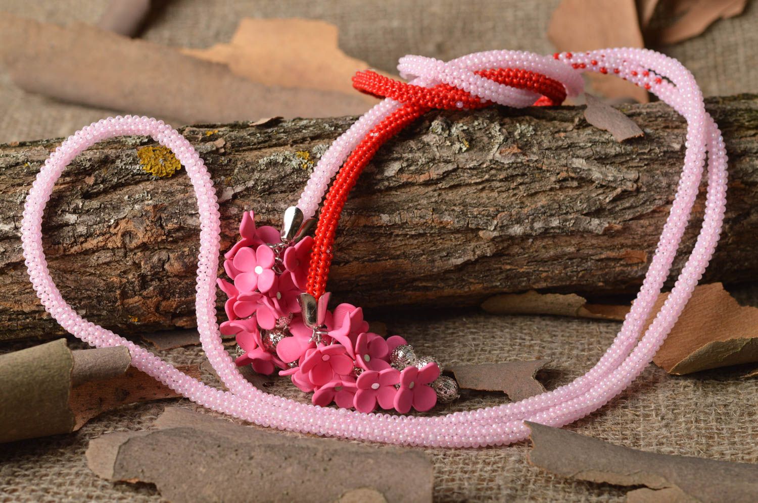 Handmade Rocailles Kette lange Halskette Damen Collier rot rosa mit Blumen foto 1