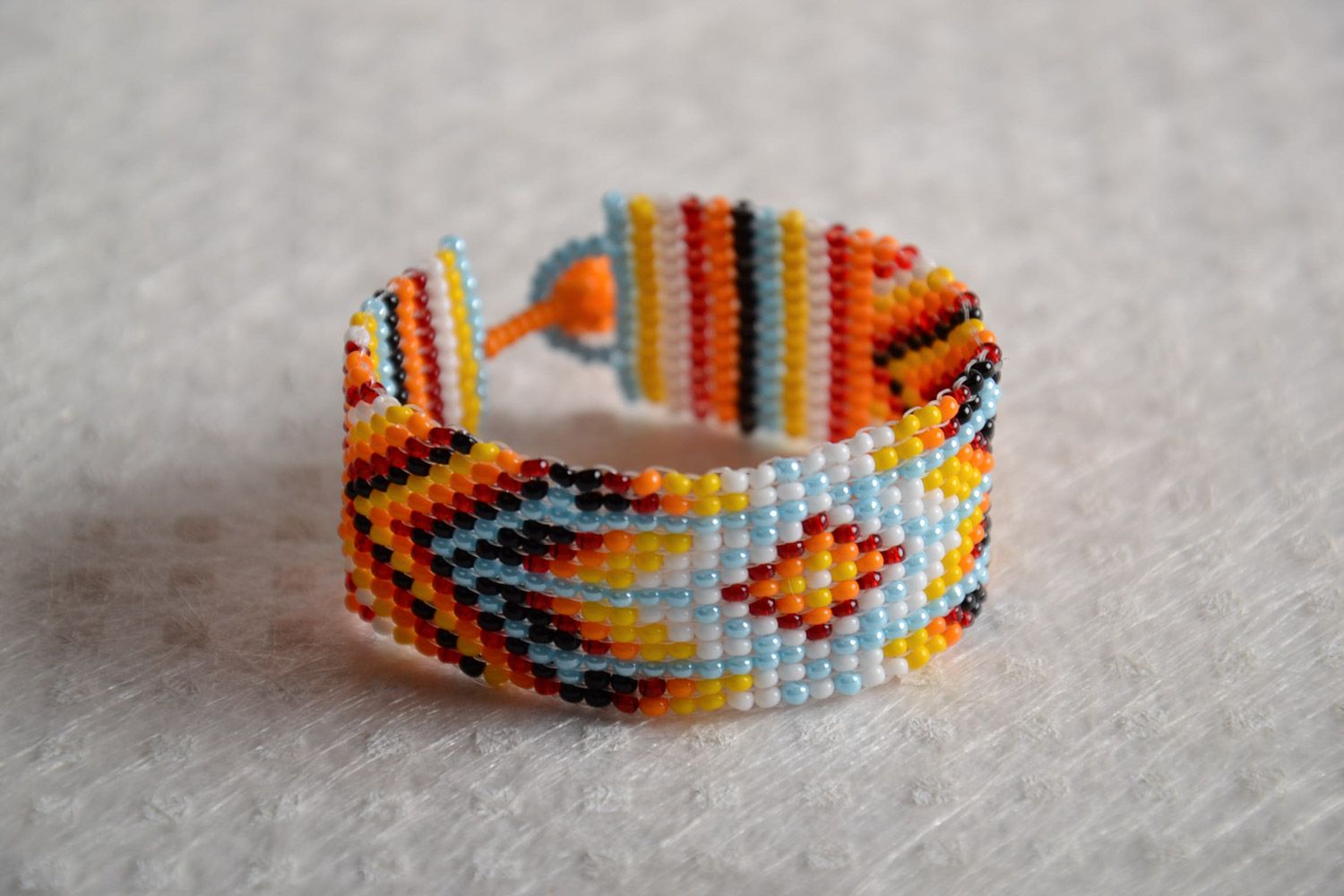 Bright festive handmade wide bracelet woven of Czech beads photo 1