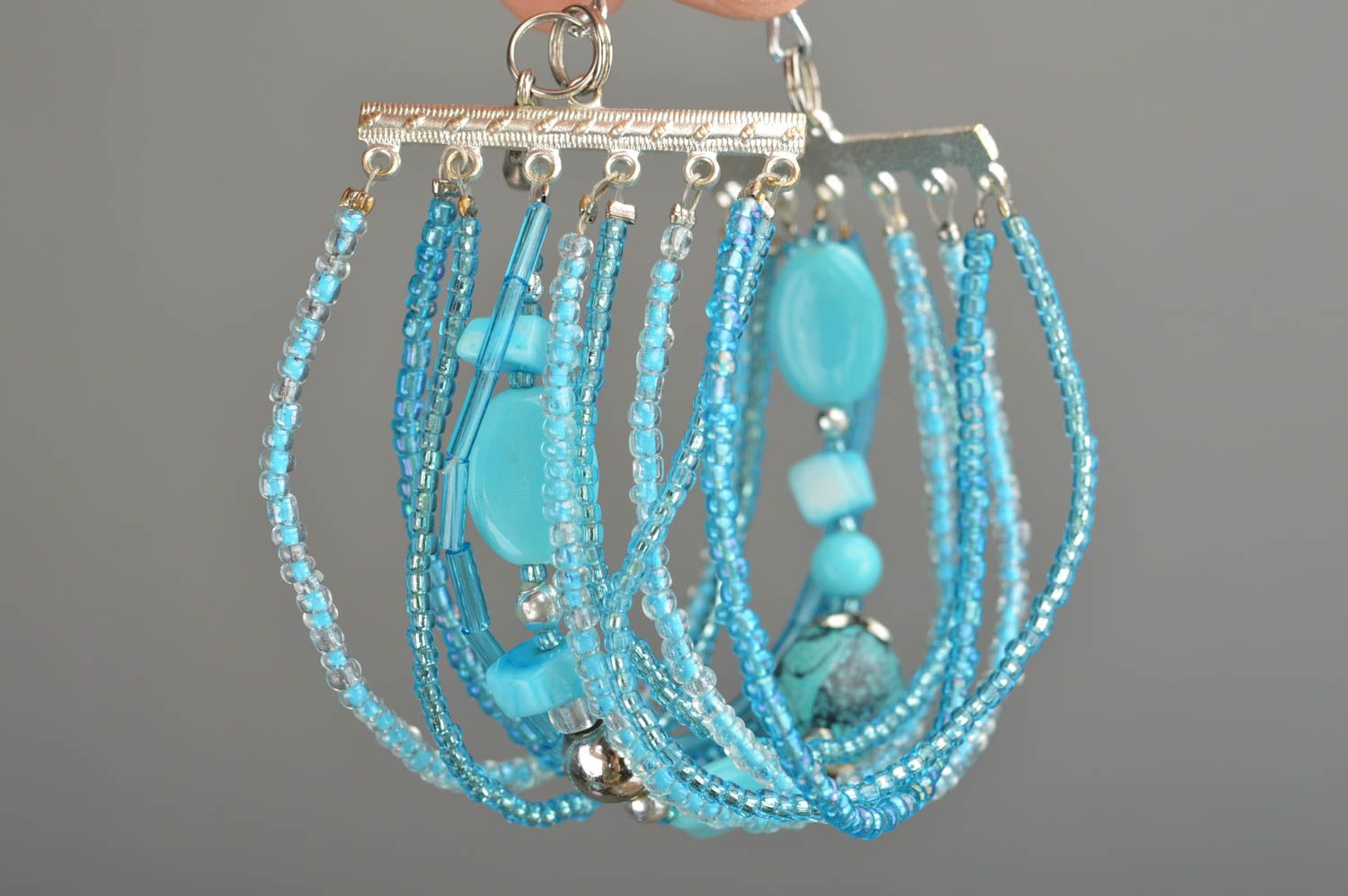Stylish designer handmade blue multi-row wrist bracelet woven of beads photo 3