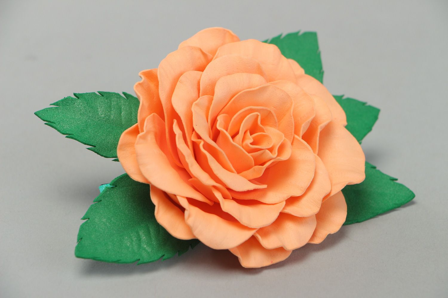 Handmade festive hair clip with volume foamiran flower of orange color photo 1