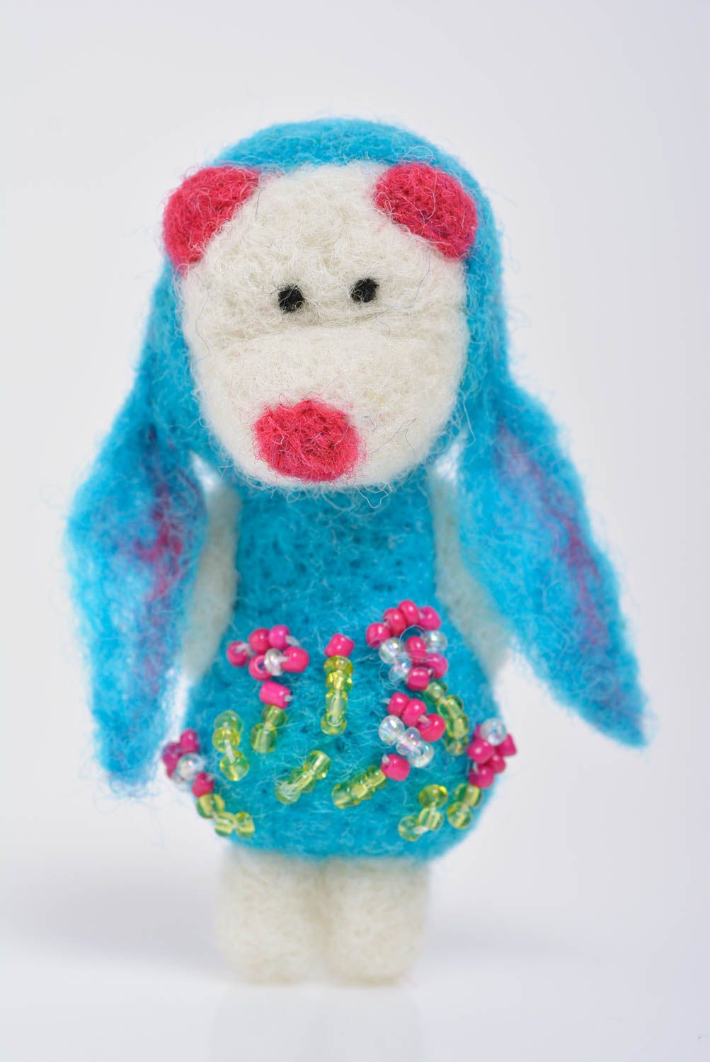 Handmade designer wool felted animal brooch bear in blue carnival costume photo 1