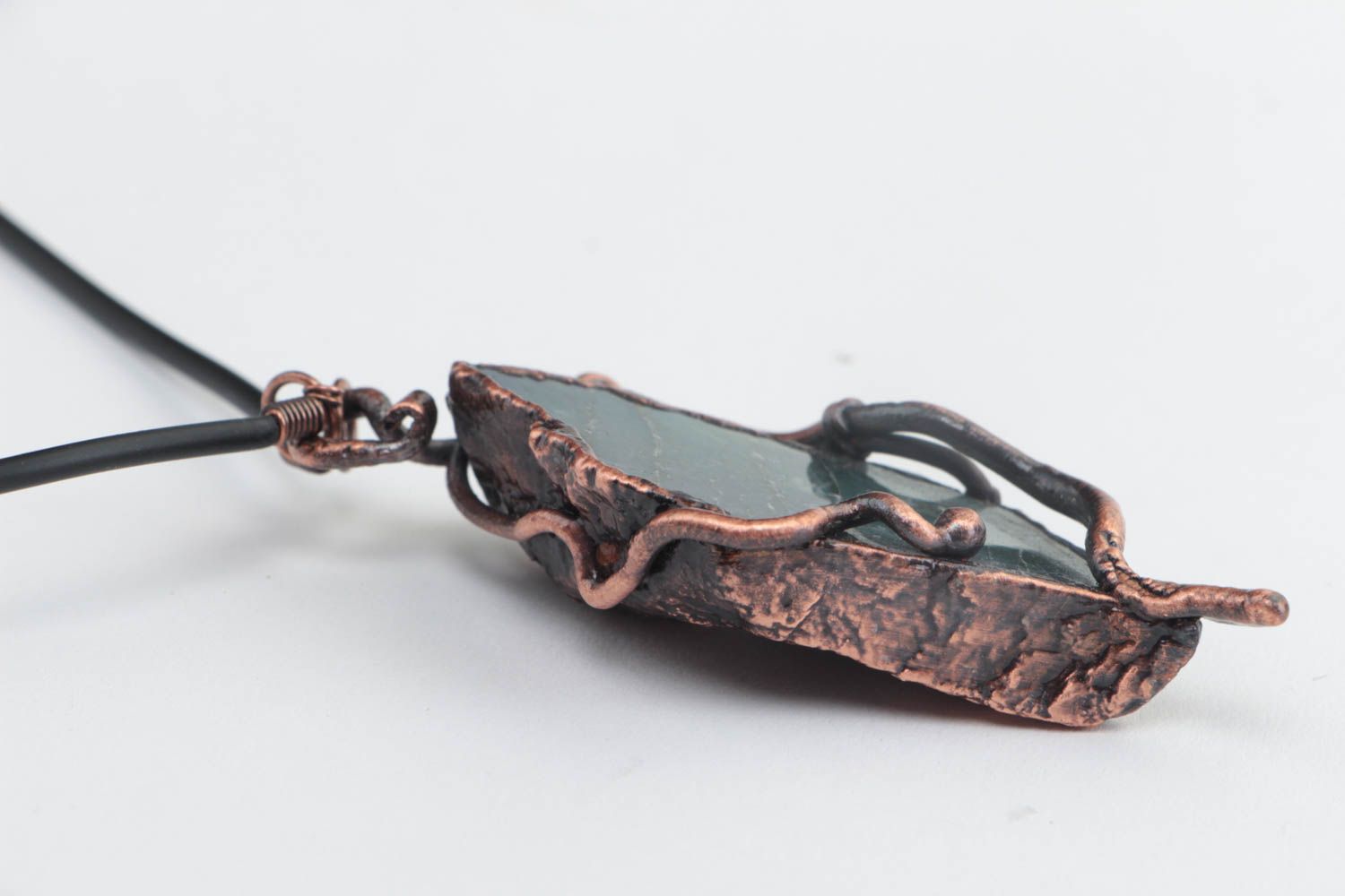 Unusual handmade copper pendant with natural stones on rubber cord photo 3