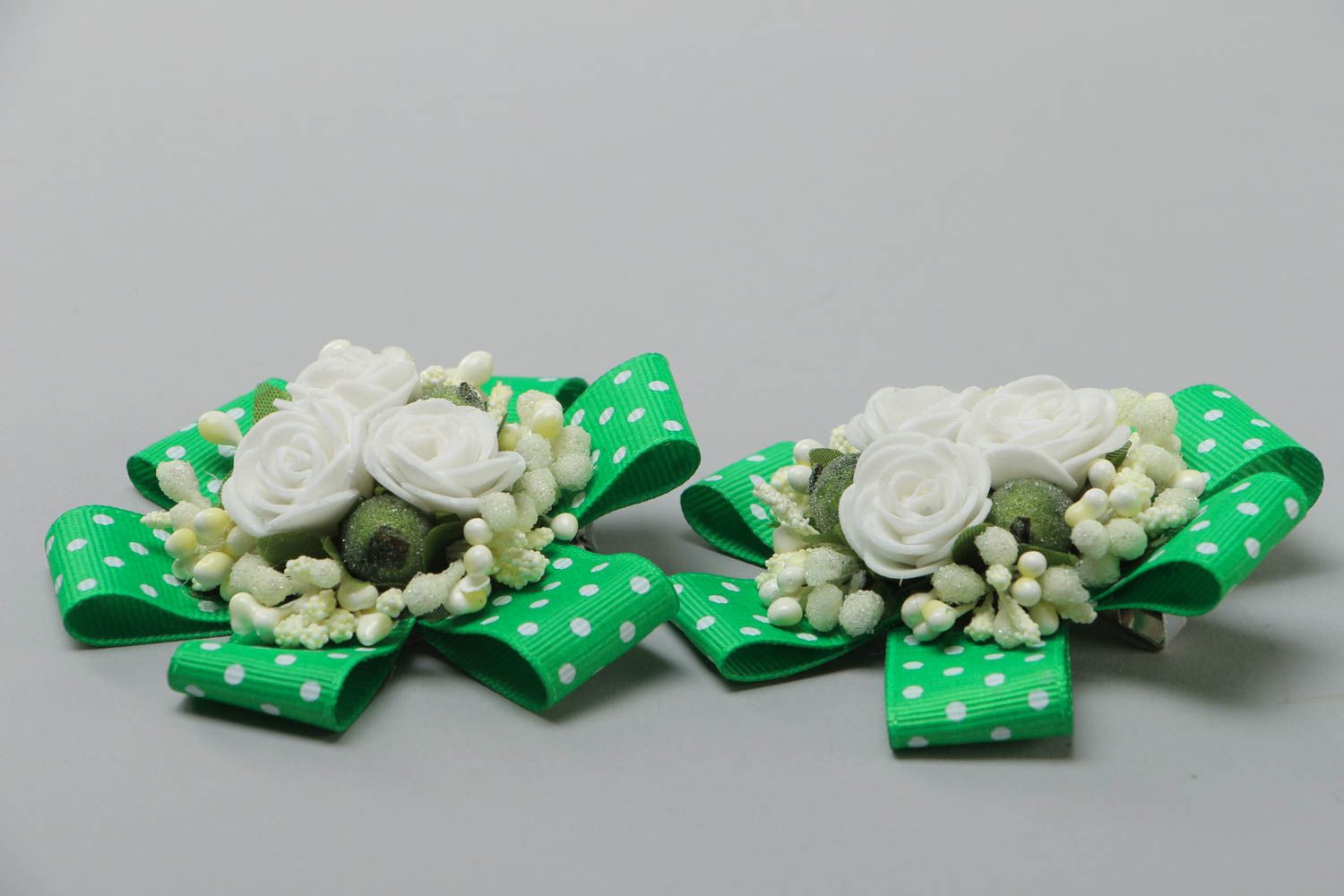 A set of 2 identical unique handmade green bobby pins made of green strips  photo 3