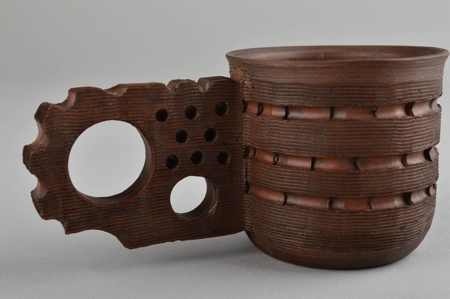 Handmade ceramic dark brown teacup with handle in the shape of cogwheel 0,26 lb photo 3