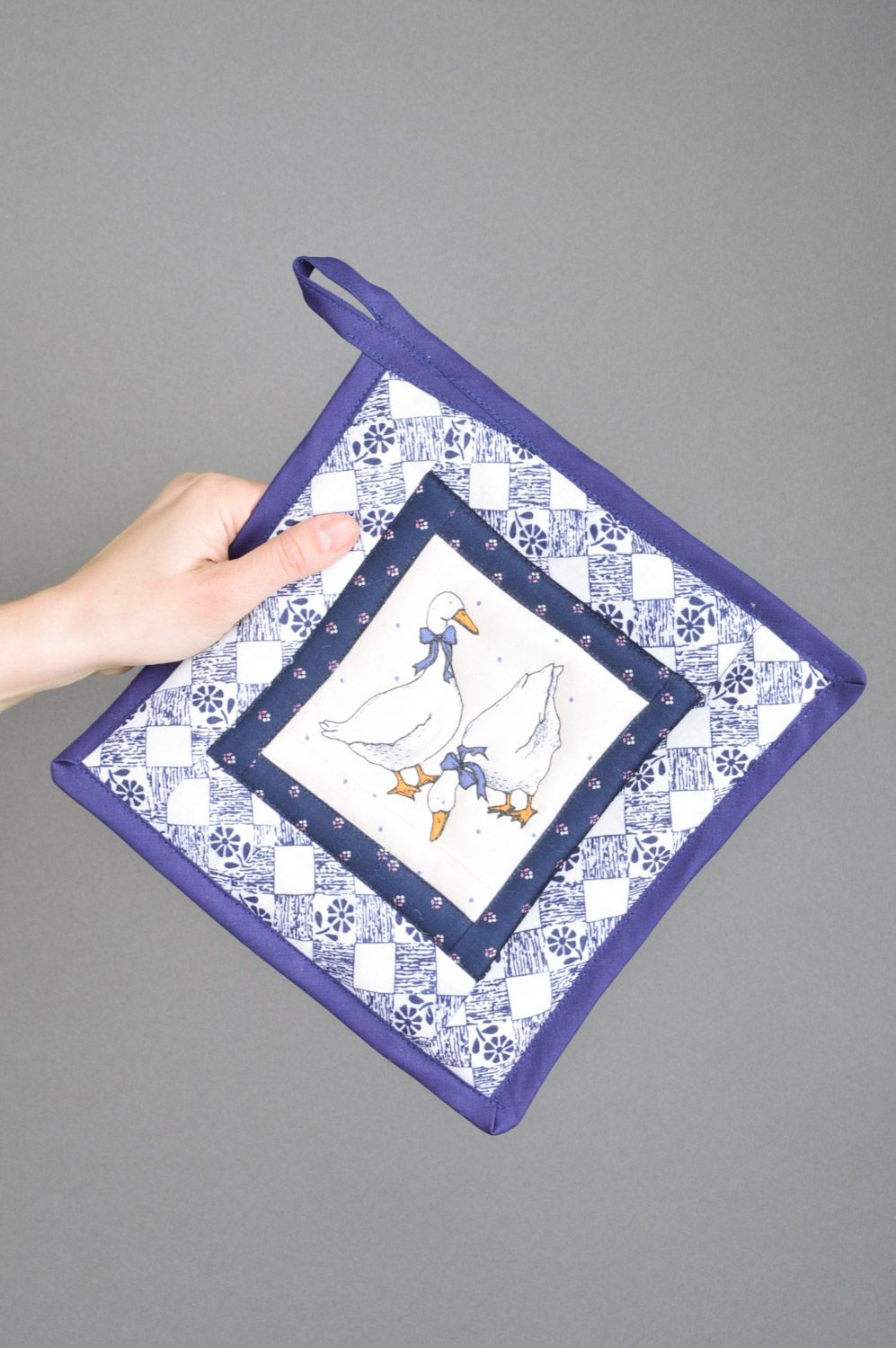Cute handmade kitchen hot pot holder sewn of cotton and filler with eyelet Geese photo 2