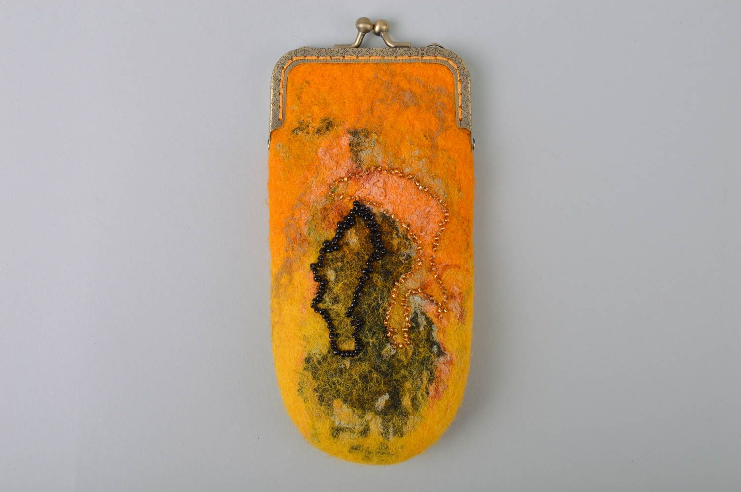 Handmade orange designer sunglasses case felted of wool with fermail and beads photo 2