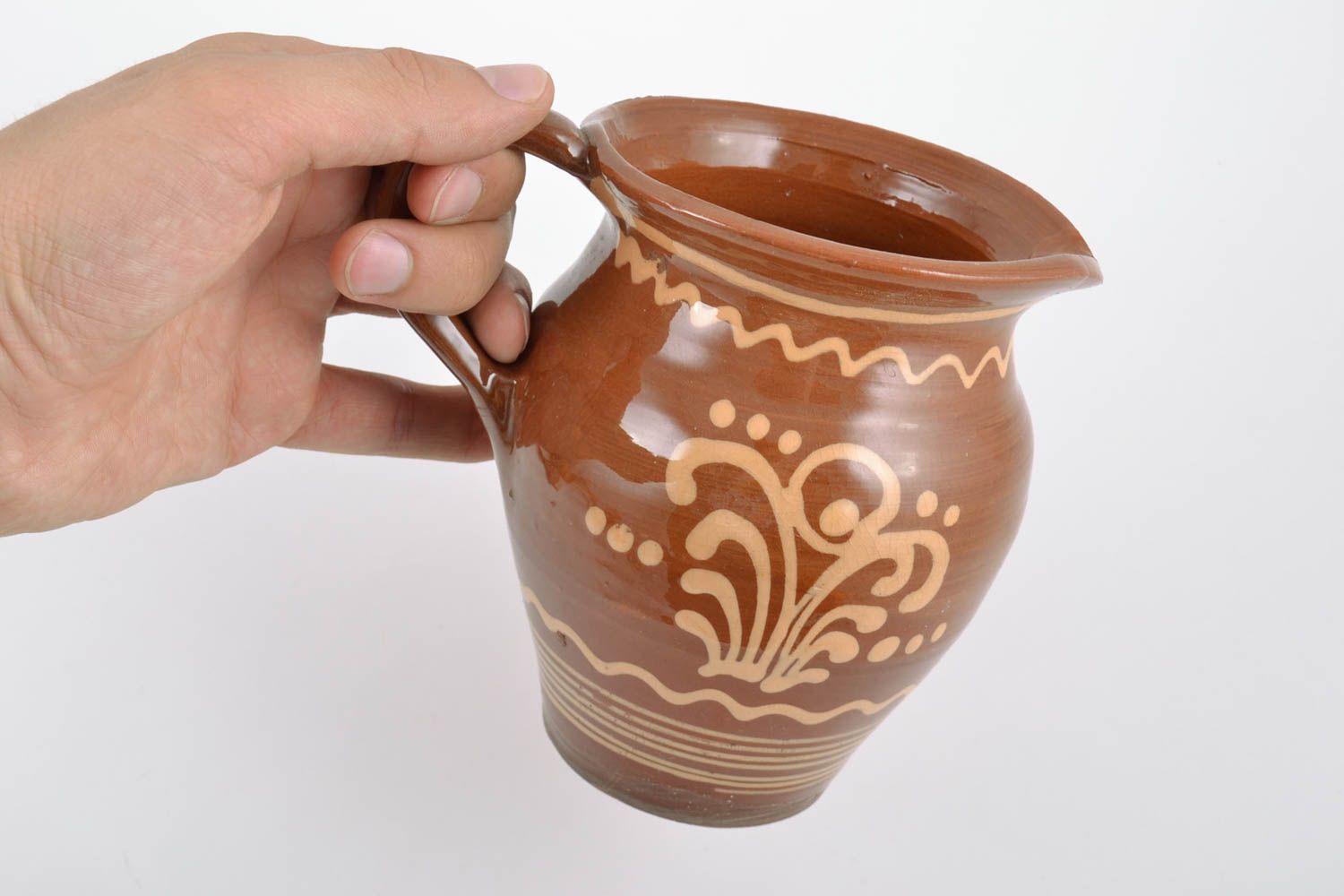Cruche en argile peinte de glaçure avec anse brune à motif faite main 60 cl photo 2