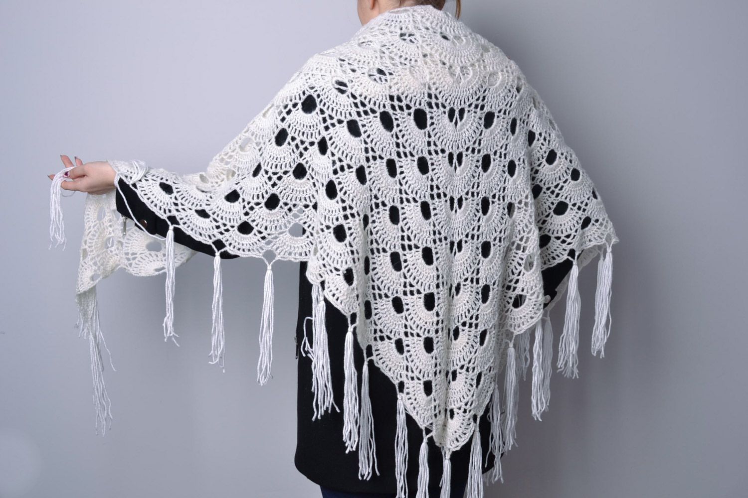 Warm lacy handmade women's shawl crocheted of white semi-woolen threads photo 2
