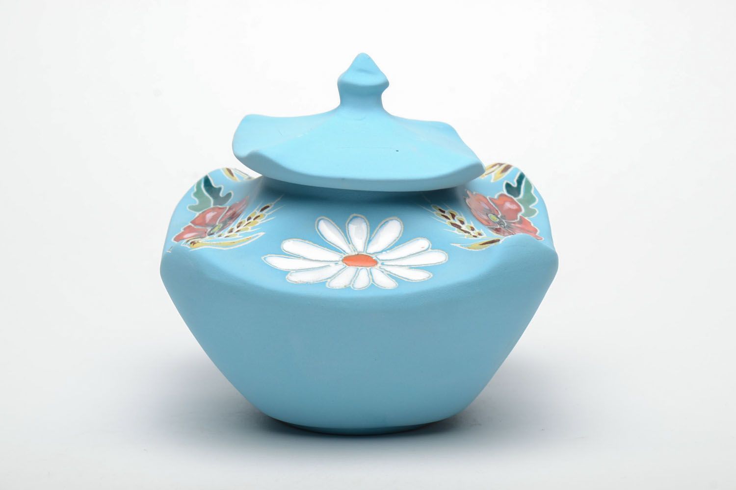 Blue ceramic sugar bowl with painting photo 2