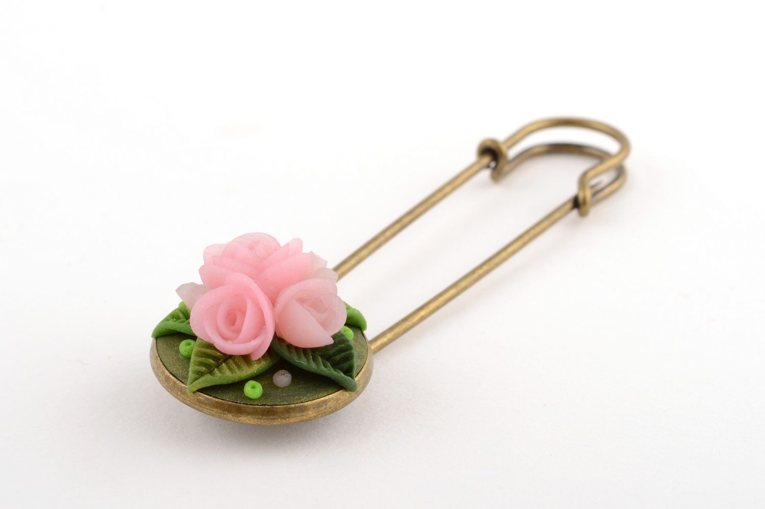Handmade cute pink brooch pin made of metal with flower of polymer clay  photo 4