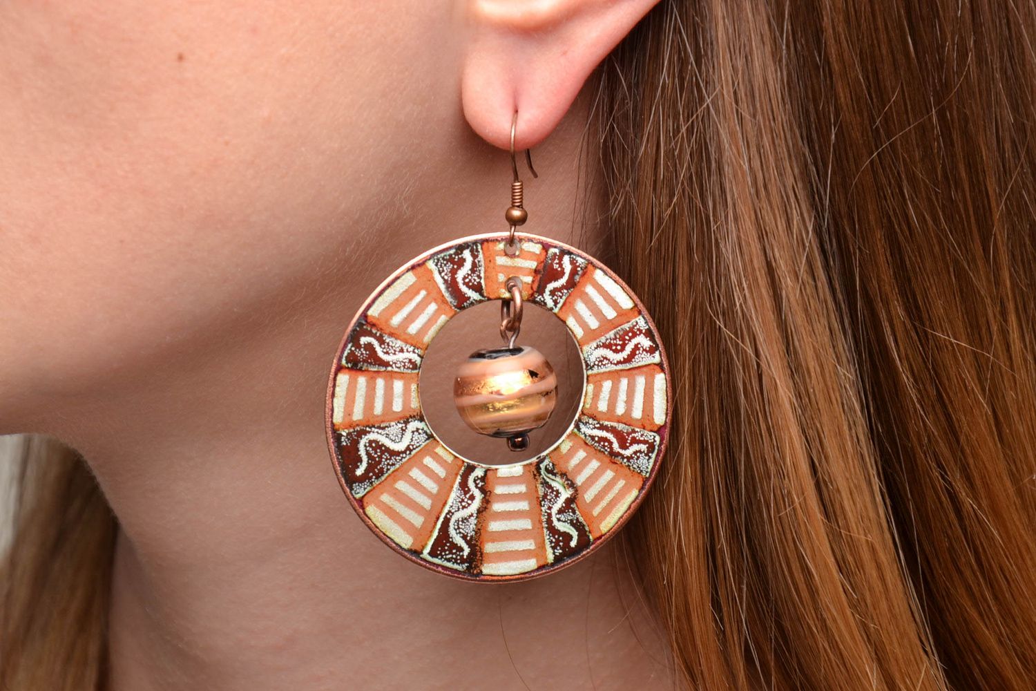 Round copper earrings with beads photo 2