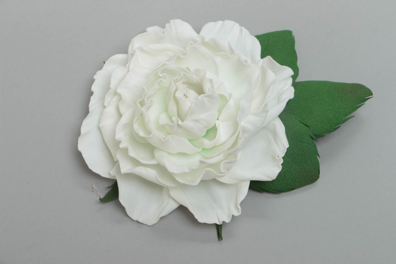 Handmade designer brooch with large volume white foamiran flower and green leaf photo 2
