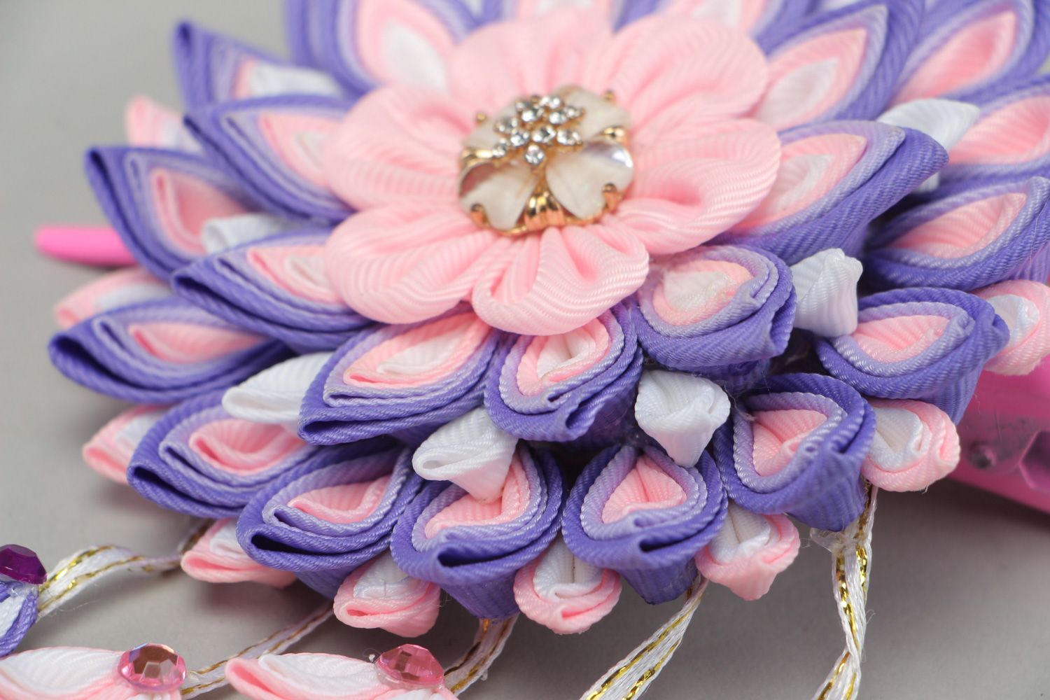 Handmade hair clip with kanzashi flower with charms in violet color palette photo 3