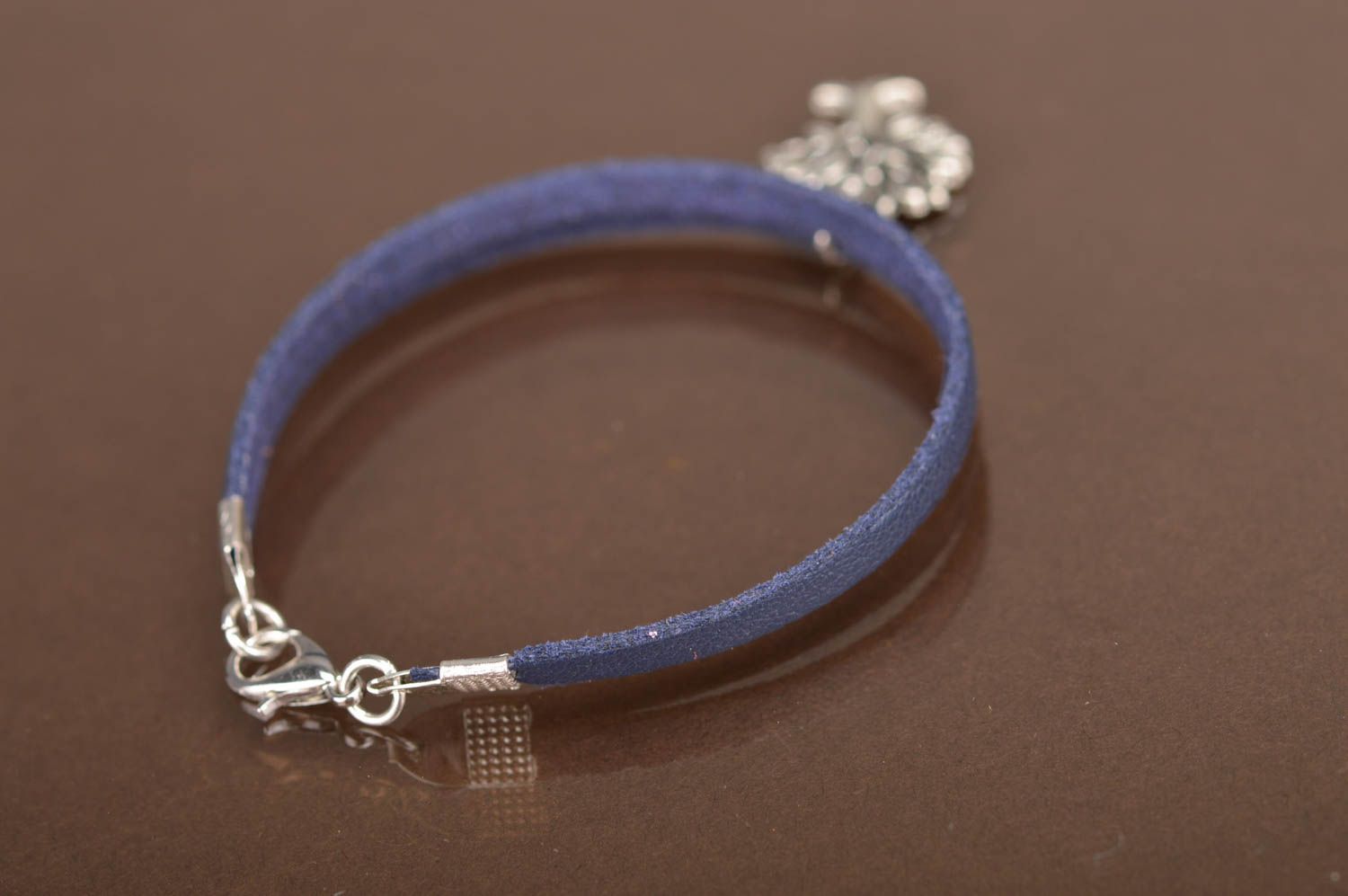 Handmade designer dark blue genuine leather wrist bracelet with metal charm Tree photo 4