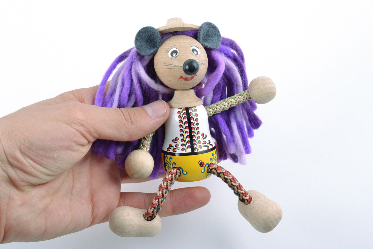 Handmade painted wooden eco toy mouse with violet hair for children and interior photo 2