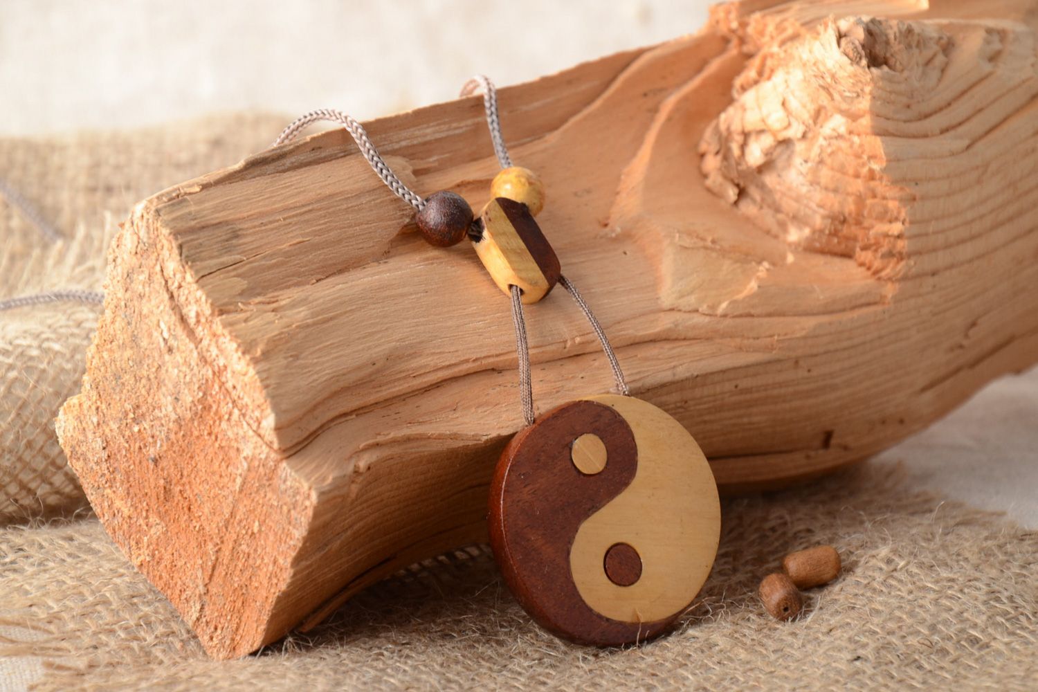 Handmade round carved wooden neck pendant with cord Yin and Yang for women photo 1