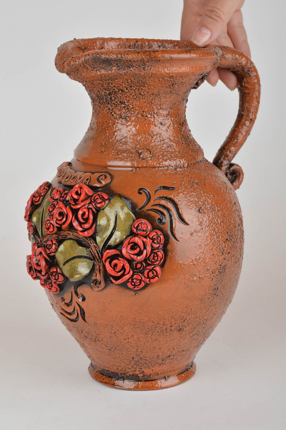 Cruche en argile avec fleurs faite main vaisselle peinte poterie brune 3 L photo 3