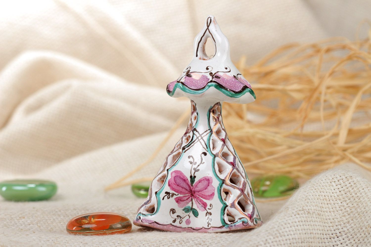 Декоративный керамический колокольчик с покрытием эмалью ручной работы красивый фото 1